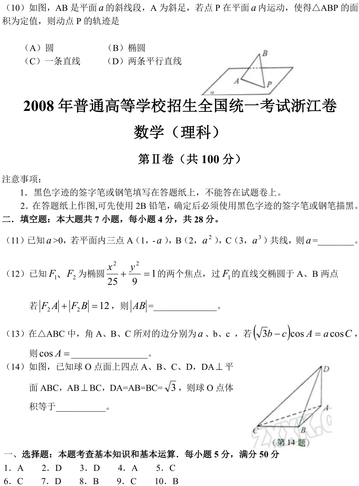 浙江 2008 · 数学 q10 原卷截图（含答案）