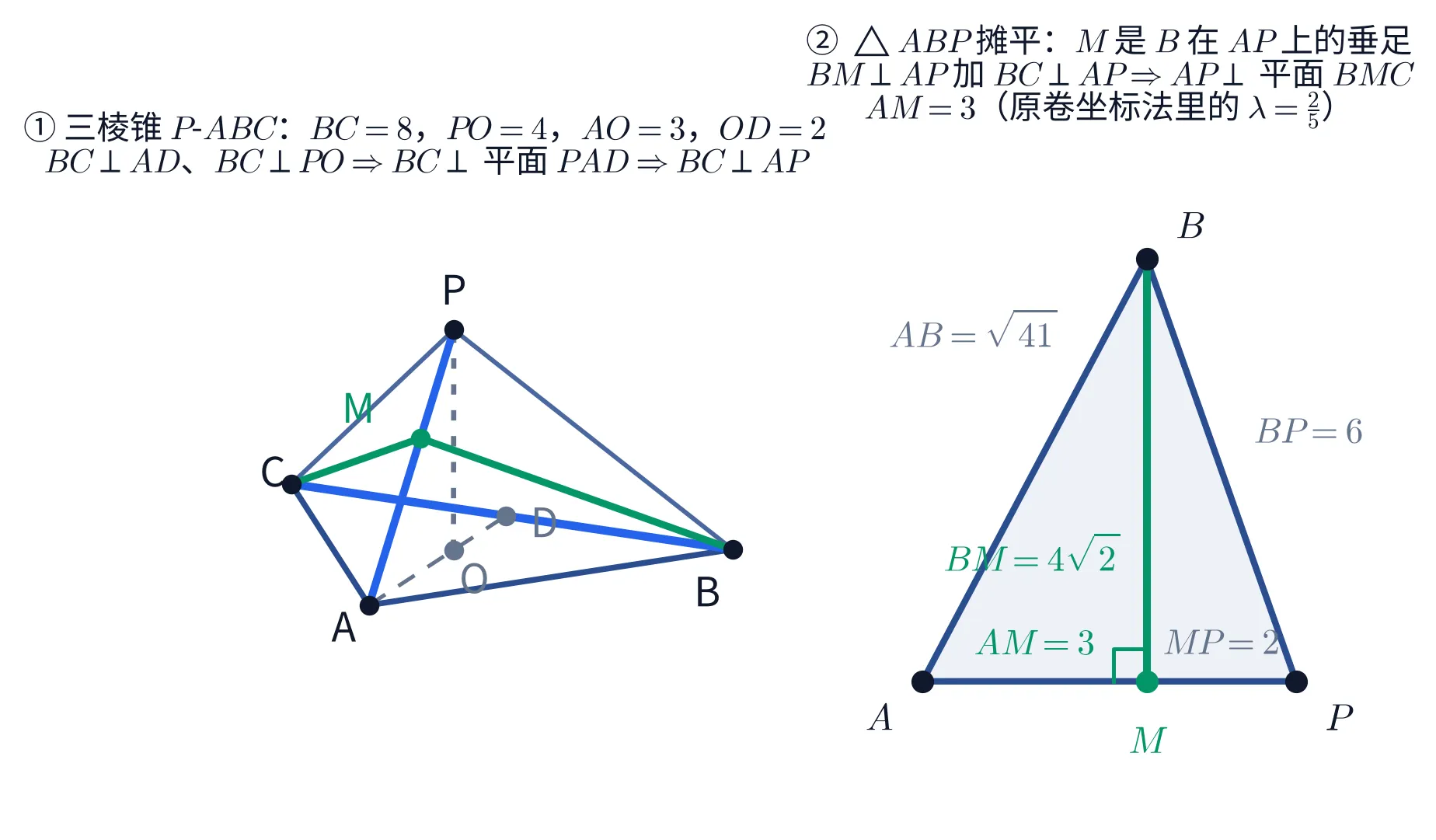 教学图:左右两块。①左块是三棱锥 P\text{-}ABC 的斜视立体图,没有坐标轴。最上方是顶点 P;底面三角形 ABC 用深蓝实线围成,C 在左、A 在下、B 在右。P 到 B、P 到 C 各有一条较细的深蓝侧棱。侧棱 AP 与底边 BC 都用亮蓝色加粗画出——它们就是第(Ⅰ)问里互相垂直的那一对。A 到 D 之间有一条灰色虚线(D 是 BC 的中点,画成灰色圆点并标 D),这条虚线上还有一个灰色圆点 O,从 O 向上到 P 有一条灰色短虚线,那是高 PO。在 AP 上、靠近 P 的一侧有一个深绿实心圆点 M,从 M 分别向 B 和向 C 画了两条深绿实线,那是第(Ⅱ)问要拼的二面角的两条边。七个点都画了圆点并注出字母:P、A、B、C 是黑色,D、O 是灰色,M 是绿色。这一块的标题两行:「① 三棱锥 P-ABC:BC=8,PO=4,AO=3,OD=2」与「BC\perp AD、BC\perp PO\Rightarrow BC\perp 平面 PAD\Rightarrow BC\perp AP」。②右块把 \triangle ABP 按真实形状摊平画成一个平面三角形:A 在左下角、P 在右下角、B 在上方偏左,三条边是深蓝实线,内部填了极浅的蓝色。从 B 向底边 AP 作一条深绿色的竖直线段,垂足是绿色实心圆点 M,M 处画了一个绿色的小直角符号。四个顶点标出字母,A、P、B 是黑色,M 是绿色。灰字标注三处:AB 边外侧写「AB=\sqrt{41}」,BP 边外侧写「BP=6」,底边上 M 与 P 之间写「MP=2」;绿字标注两处:竖直线段左侧写「BM=4\sqrt{2}」,底边上 A 与 M 之间写「AM=3」。这一块的标题三行:「② \triangle ABP 摊平:M 是 B 在 AP 上的垂足」「BM\perp AP 加 BC\perp AP\Rightarrow AP\perp 平面 BMC」「AM=3(原卷坐标法里的 \lambda=\frac{2}{5})」。